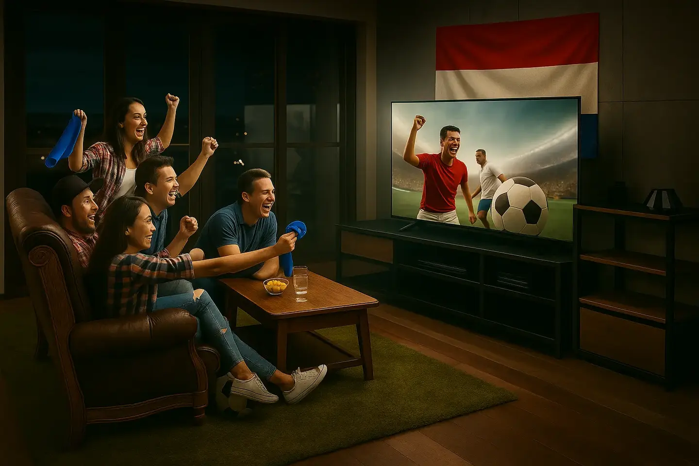 Vriendengroep kijkt enthousiast naar voetbal op televisie in een moderne woonkamer met Nederlandse vlag, ideale sfeer voor beste IPTV ervaring.