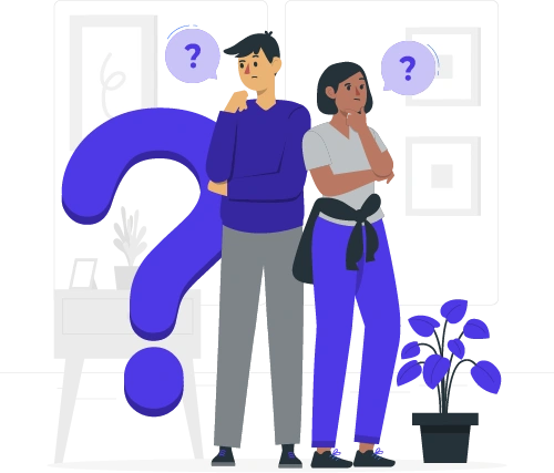 Illustration of a confused man and woman standing with question marks above their heads, representing uncertainty or frequently asked questions.