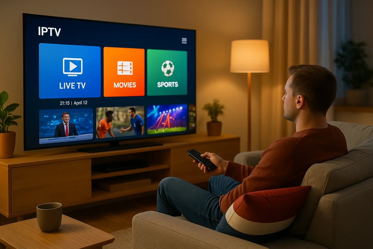 A man relaxing on a modern sofa in a cozy living room, watching IPTV on a large Smart TV displaying live TV, movies, and sports options. The room is warmly lit with minimalist decor, and a pillow featuring the Netherlands flag colors adds a local touch.
