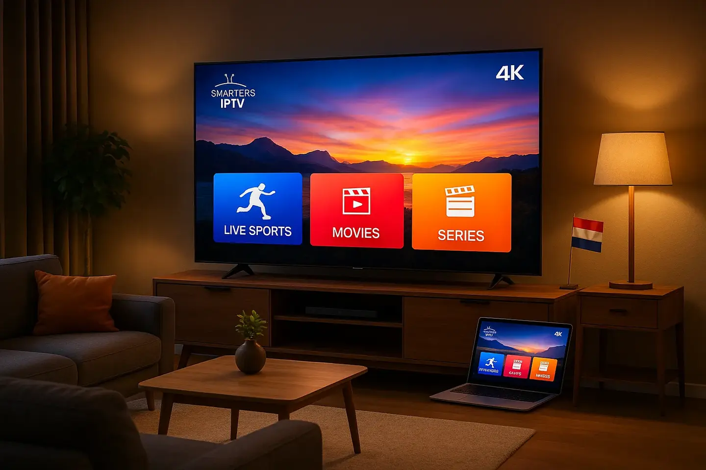 iptv kopen in Nederland met Smarters IPTV – moderne woonkamer met 4K Smart TV, live sport, films en series via SmartOne en application IPTV.