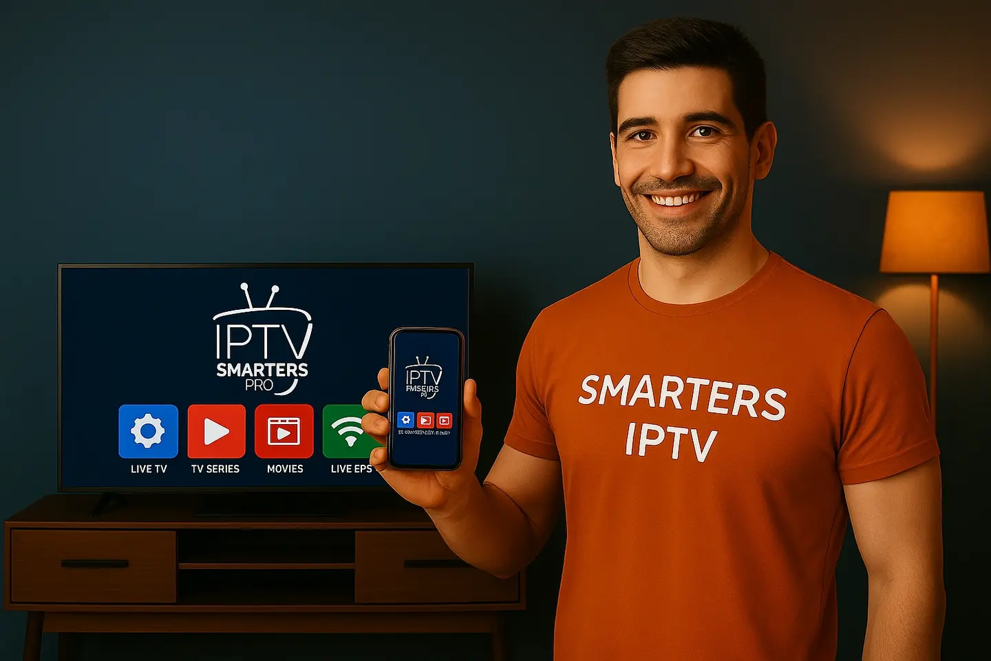 Man gebruikt IPTV Smarters Pro op laptop en tv voor 4K streaming – compatibel met Nederlandse IPTV en SmartOne.