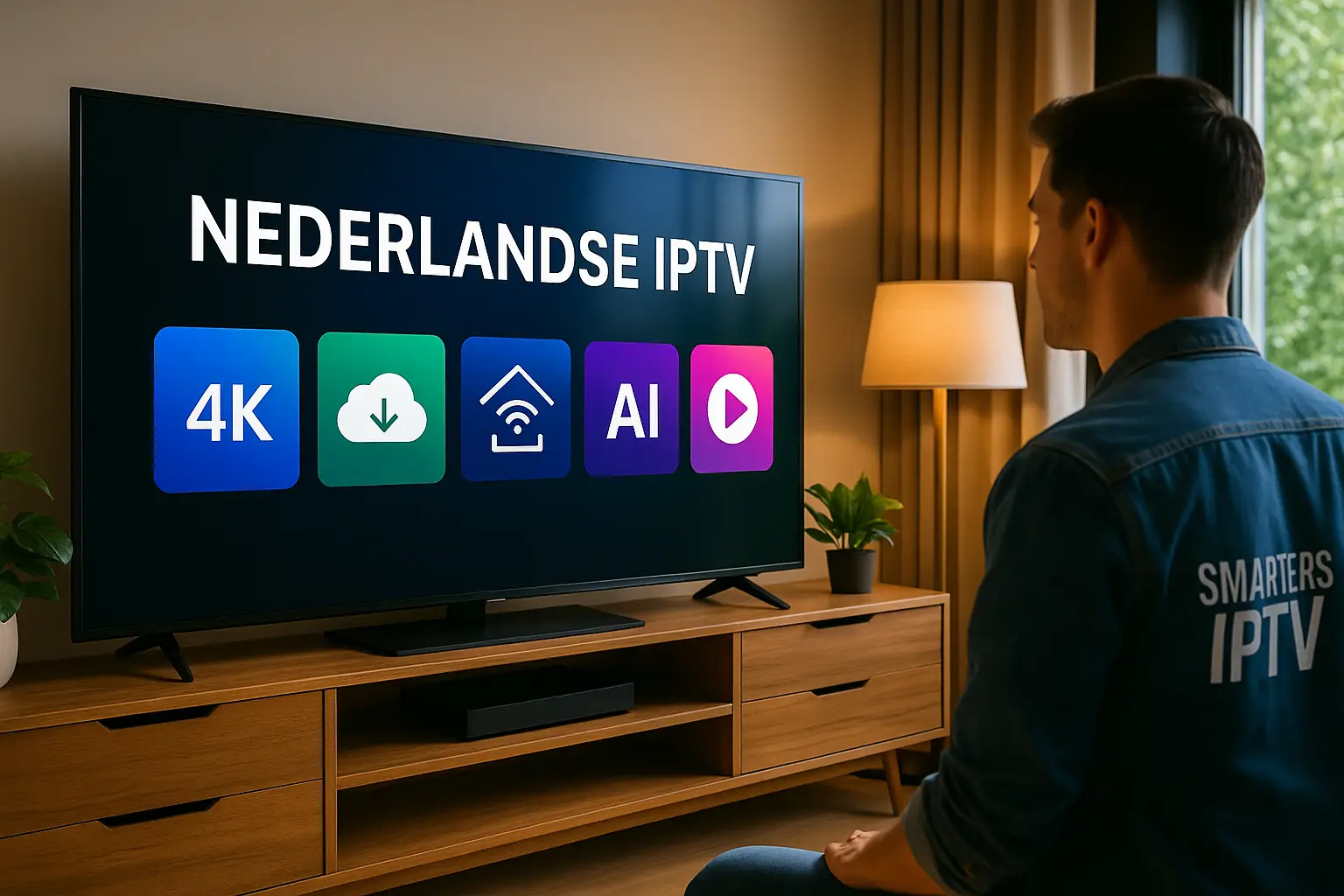 Moderne woonkamer met slimme technologie en Smart TV, klaar voor Nederlandse IPTV in 2025 met ondersteuning voor 4K, Smarters en SmartOne.