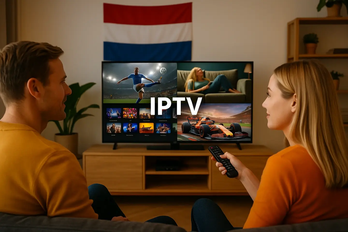 Nederlandse familie kijkt ontspannen naar de beste IPTV op Smart TV – haarscherpe 4K kwaliteit met Smarters IPTV en SmartOne applicatie.