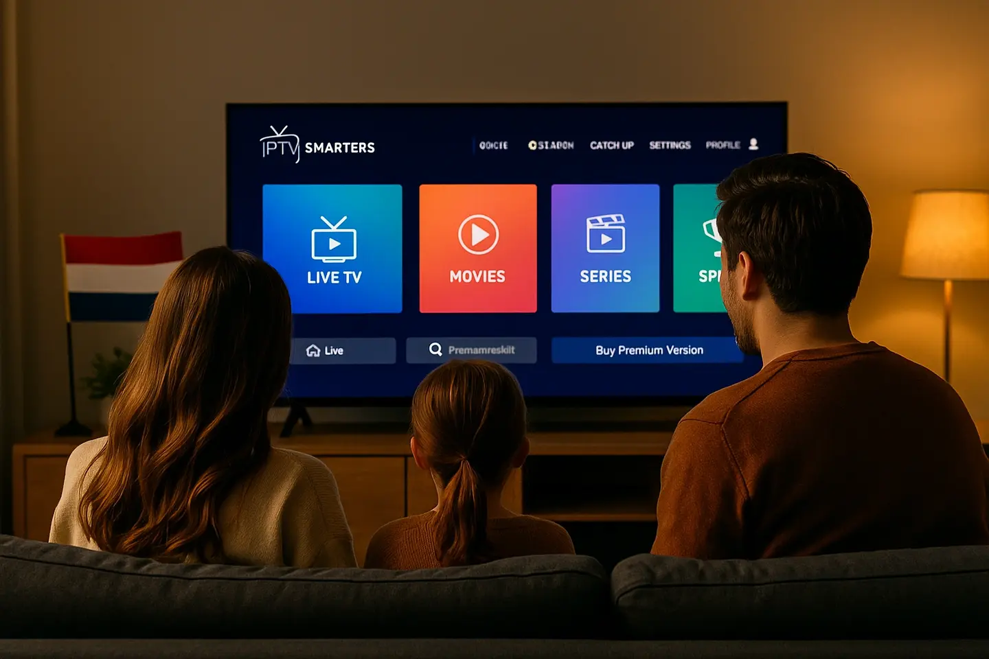 Nederlands gezin kijkt via Smart TV naar IPTV Smarters – geniet van de beste dutch iptv zenderlijst met HD- en IPTV 4K-kwaliteit.