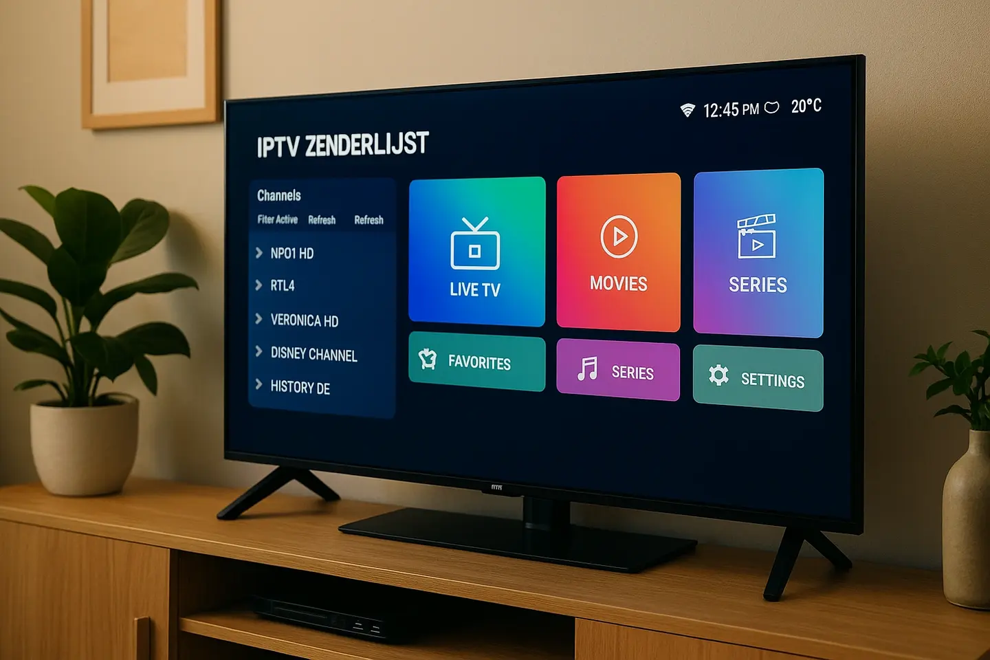 Smarters IPTV interface toont dutch iptv zenderlijst op Smart TV – inclusief live tv, films, series en instellingen.