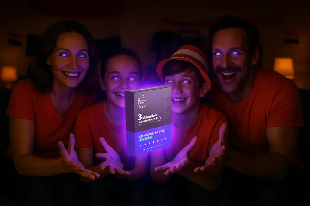 IPTV Abonnement 12 Maanden – Voor het hele gezin in 4K Gezin kijkt enthousiast naar magisch zwevend IPTV-abonnement 3 maanden van Smarters IPTV in 2025